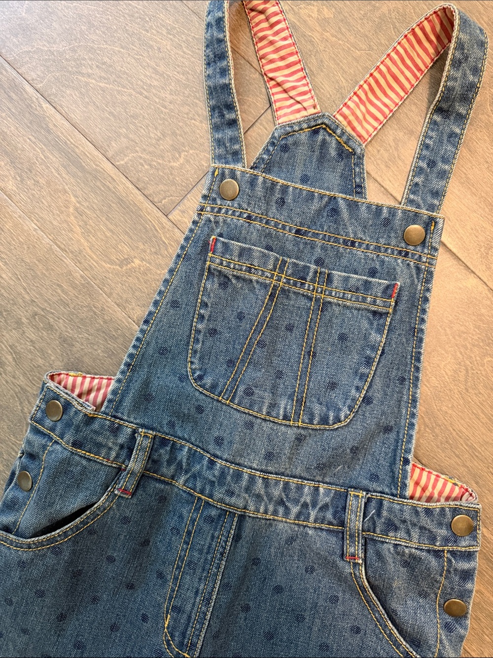 Hanna Anderson Denim Polka Dot Overalls with Red Stripe Lining